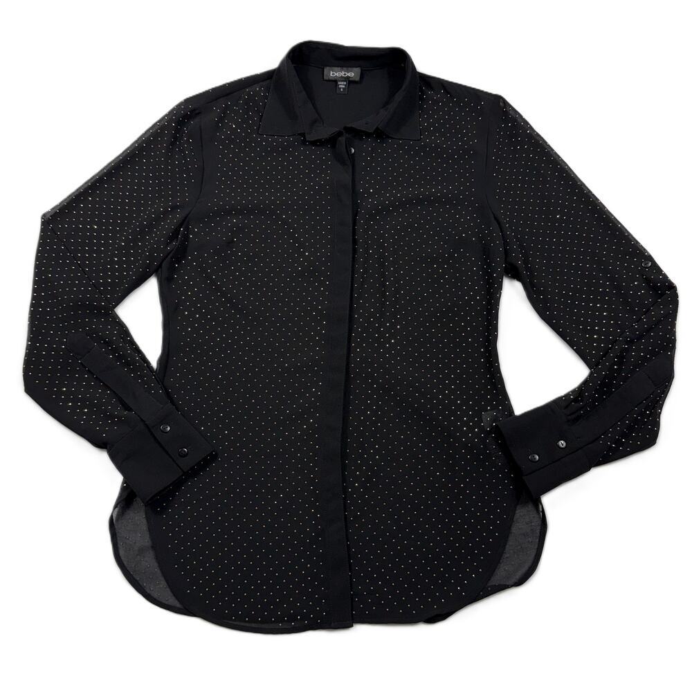 BeBe Y2K Black sheer Gold embellished long sleeve blouse top